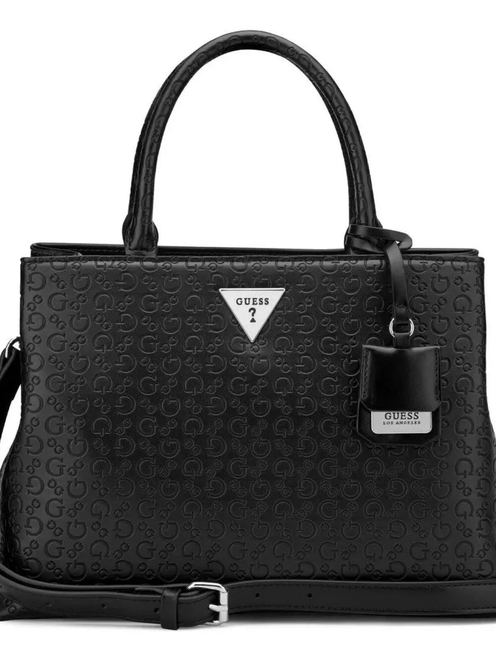 GUESS Black Embossed Logo Satchel with Detachable Strap
